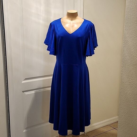 BRIDESMAY FIT AND FLARE V-NECK RUFFLE SLEEVE WOMEN'S DRESS - Picture 11 of 11